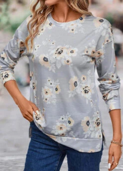 Grey Patchwork Floral Print Long Sleeve Sweatshirt -Modlily Shop 340408 P 16933724307673