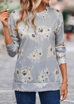 Grey Patchwork Floral Print Long Sleeve Sweatshirt -Modlily Shop 340408 P 16933724309174