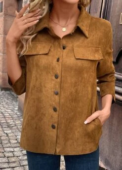 Dark Camel Pocket Long Sleeve Turn Down Collar Coat -Modlily Shop 340410 P 16934825293390