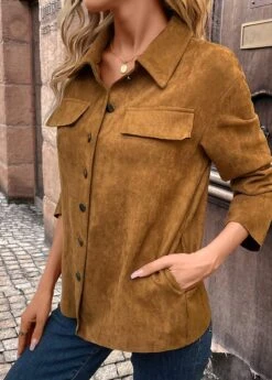 Dark Camel Pocket Long Sleeve Turn Down Collar Coat -Modlily Shop 340410 P 16934825294852