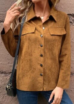 Dark Camel Pocket Long Sleeve Turn Down Collar Coat -Modlily Shop 340410 P 16934825295384