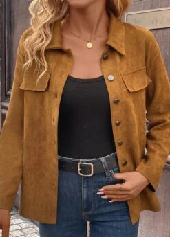 Dark Camel Pocket Long Sleeve Turn Down Collar Coat