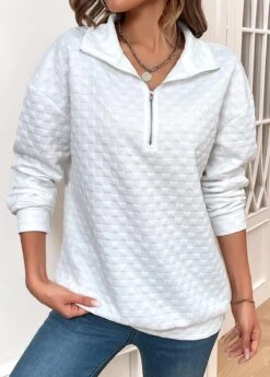 White Zipper Long Sleeve Turn Down Collar Sweatshirt -Modlily Shop 340416 P 16941690738190