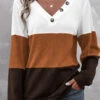 Dark Coffee Patchwork Long Sleeve V Neck Sweatshirt -Modlily Shop 340475 P 1694135888059