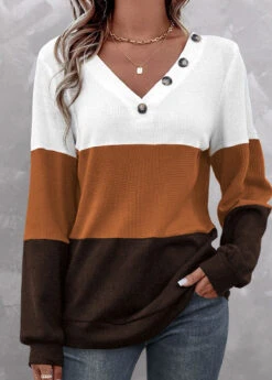 Dark Coffee Patchwork Long Sleeve V Neck Sweatshirt