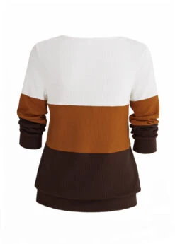 Dark Coffee Patchwork Long Sleeve V Neck Sweatshirt -Modlily Shop 340475 P 1694135890077