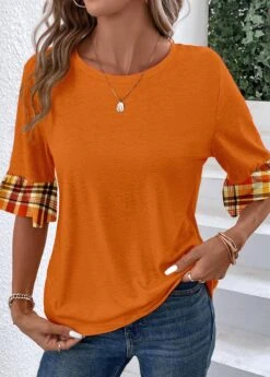Orange Patchwork Plaid Long Sleeve T Shirt -Modlily Shop 340486 P 1692953930471