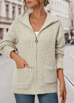 Beige Zipper Long Sleeve Turn Down Collar Coat -Modlily Shop 340548 P 16943964630452