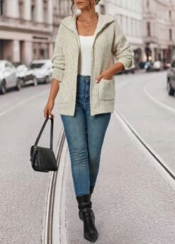 Beige Zipper Long Sleeve Turn Down Collar Coat -Modlily Shop 340548 P 16943964632444