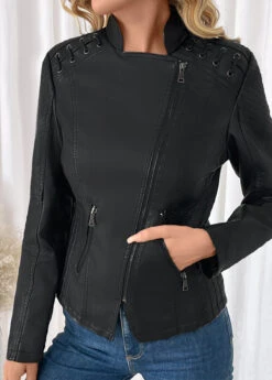 Black Pocket Long Sleeve Lapel Coat -Modlily Shop 340550 P 16934825413293