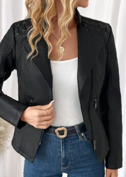 Black Pocket Long Sleeve Lapel Coat -Modlily Shop 340550 P 16934825418610