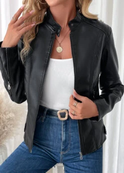 Black Pocket Long Sleeve High Neck Coat -Modlily Shop 340551 P 16934784599384