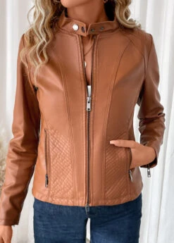 Dark Camel Pocket Long Sleeve High Neck Coat -Modlily Shop 340552 P 16934784460883