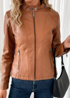 Dark Camel Pocket Long Sleeve High Neck Coat -Modlily Shop 340552 P 16934784464784