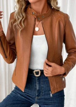 Dark Camel Pocket Long Sleeve High Neck Coat -Modlily Shop 340552 P 16934784469305