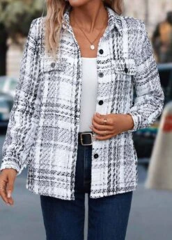 White Button Plaid Long Sleeve Shirt Collar Coat