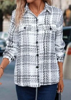 White Button Plaid Long Sleeve Shirt Collar Coat -Modlily Shop 340584 P 16941414016043