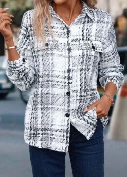 White Button Plaid Long Sleeve Shirt Collar Coat -Modlily Shop 340584 P 16941414016810