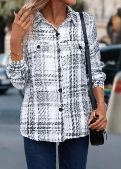 White Button Plaid Long Sleeve Shirt Collar Coat -Modlily Shop 340584 P 16941414017834