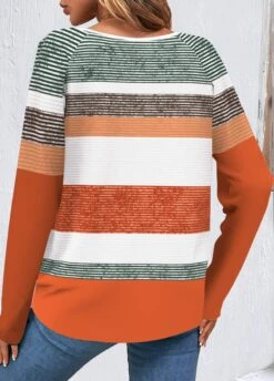 Orange Button Multi Stripe Print T Shirt -Modlily Shop 340669 P 1692957750889