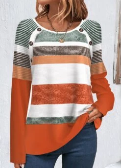 Orange Button Multi Stripe Print T Shirt -Modlily Shop 340669 P 1692957750947