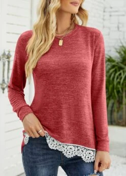 Brick Red Lace Long Sleeve T Shirt -Modlily Shop 340841 P 1692860580327