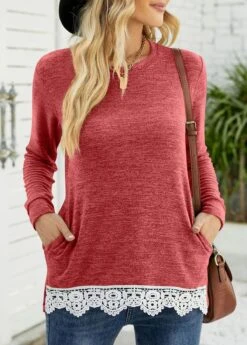 Brick Red Lace Long Sleeve T Shirt