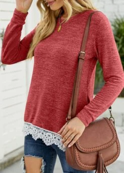 Brick Red Lace Long Sleeve T Shirt -Modlily Shop 340841 P 1692860581109