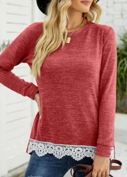 Brick Red Lace Long Sleeve T Shirt -Modlily Shop 340841 P 1692860581218