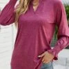 Hot Pink Smocked Long Sleeve Split Neck T Shirt -Modlily Shop 340842 P 1692860602063
