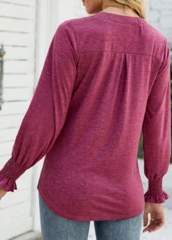 Hot Pink Smocked Long Sleeve Split Neck T Shirt -Modlily Shop 340842 P 1692860603963