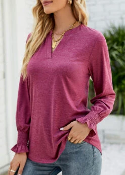 Hot Pink Smocked Long Sleeve Split Neck T Shirt -Modlily Shop 340842 P 1692860603966