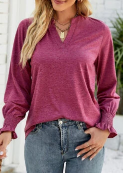 Hot Pink Smocked Long Sleeve Split Neck T Shirt -Modlily Shop 340842 P 1692860604099