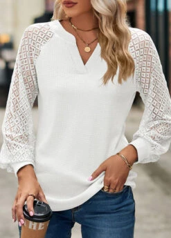 White Lace Long Sleeve Split Neck T Shirt -Modlily Shop 340843 P 1692860624966
