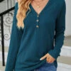 Turquoise Button Long Sleeve V Neck T Shirt -Modlily Shop 340845 P 1695197559079