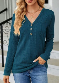Turquoise Button Long Sleeve V Neck T Shirt