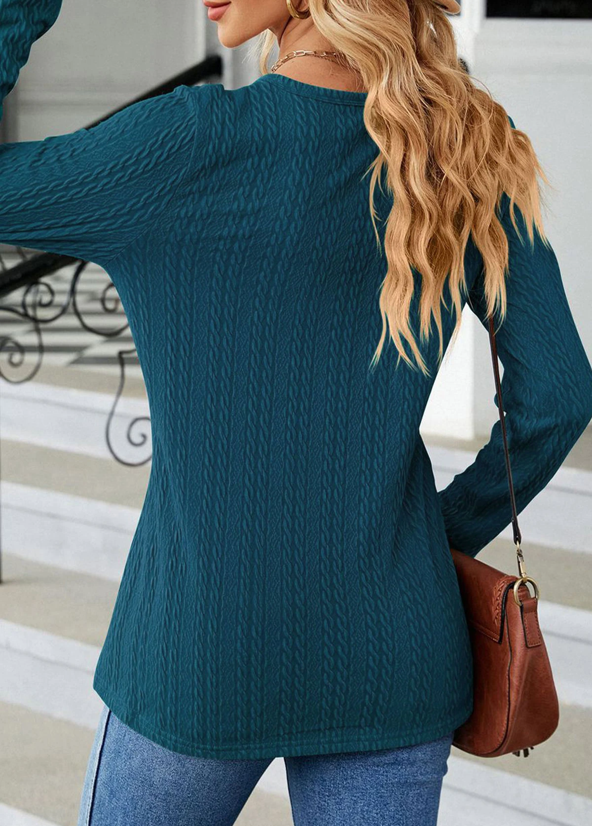 Turquoise Button Long Sleeve V Neck T Shirt 4 Turquoise Button Long Sleeve V Neck T Shirt - Image 2