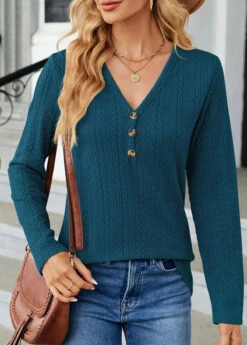 Turquoise Button Long Sleeve V Neck T Shirt 9 Turquoise Button Long Sleeve V Neck T Shirt -Modlily Shop 340845 P 1695197561562