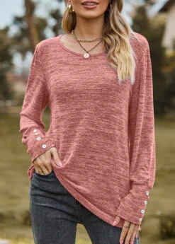 Dusty Pink Button Long Sleeve Round Neck T Shirt