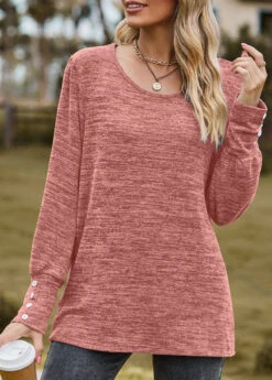 Dusty Pink Button Long Sleeve Round Neck T Shirt -Modlily Shop 340853 P 1692940176459