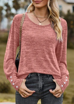 Dusty Pink Button Long Sleeve Round Neck T Shirt -Modlily Shop 340853 P 1692940176695
