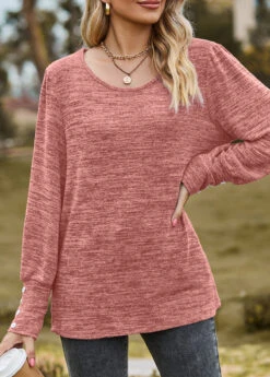 Dusty Pink Button Long Sleeve Round Neck T Shirt -Modlily Shop 340853 P 1692940177611