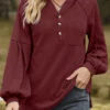 Wine Red Button Long Sleeve Hoodie -Modlily Shop 340854 P 1692860918130