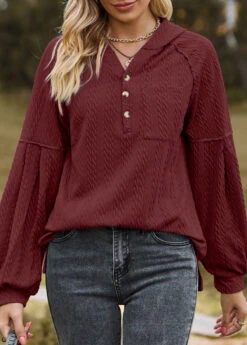 Wine Red Button Long Sleeve Hoodie -Modlily Shop 340854 P 1692860919096