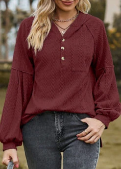 Wine Red Button Long Sleeve Hoodie -Modlily Shop 340854 P 1692860919541