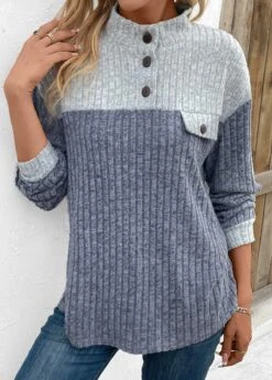 Dusty Blue Patchwork Long Sleeve Stand Collar Sweatshirt -Modlily Shop 340861 P 16966735551944