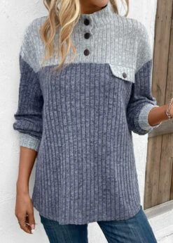 Dusty Blue Patchwork Long Sleeve Stand Collar Sweatshirt -Modlily Shop 340861 P 16966735552103