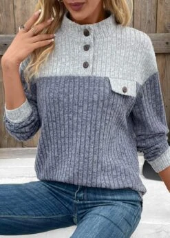 Dusty Blue Patchwork Long Sleeve Stand Collar Sweatshirt -Modlily Shop 340861 P 16966735554535