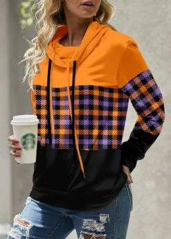 Orange Patchwork Plaid Long Sleeve Cowl Neck Sweatshirt