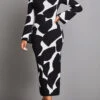 Black Cow Print Long Sleeve Maxi Bodycon Dress